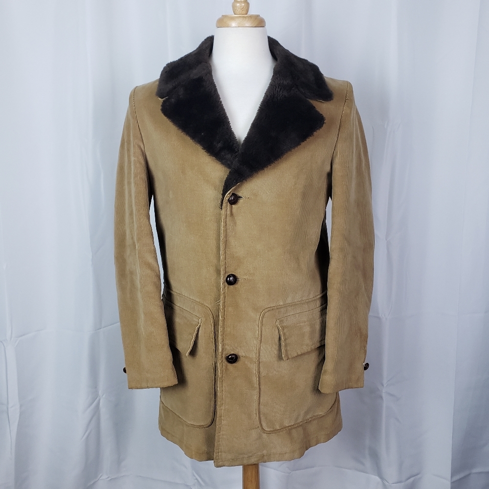 Vintage Sears Shearling Corduroy Coat Faux Fur Lining Leather Buttons 38L
